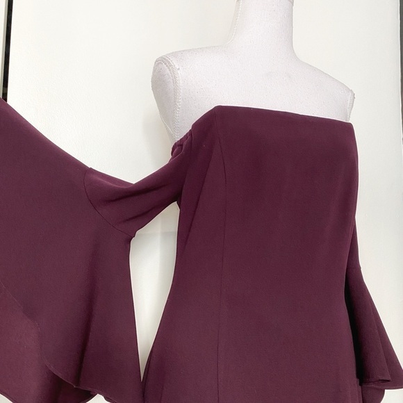 Calvin KLEIN PLUM OFF THE SHOULDER BELL FLUTTER SLEEVE MIDI SHEATH DRESS - 10 - Picture 5 of 10